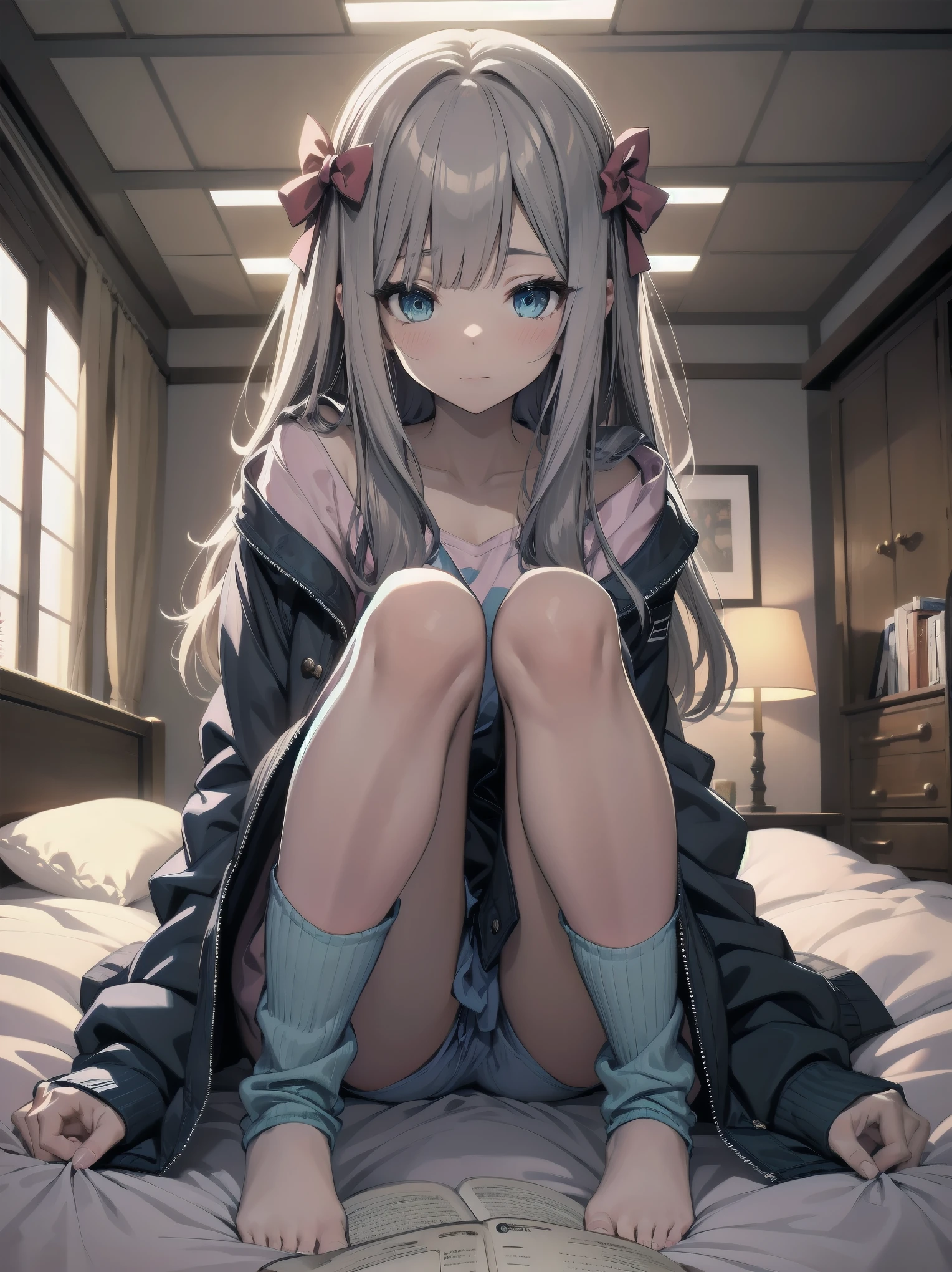 1girl, solo, long hair, looking at viewer, blush, bangs, blue eyes, long sleeves, bow, sitting, closed mouth, collarbone, jacket, hair bow, grey hair, thighs, frills, open clothes, indoors, hood, legs, book, bare legs, window, bed, on bed, stuffed toy, pink bow, blue jacket, pajamas, slippers, bedroom, izumi sagiri