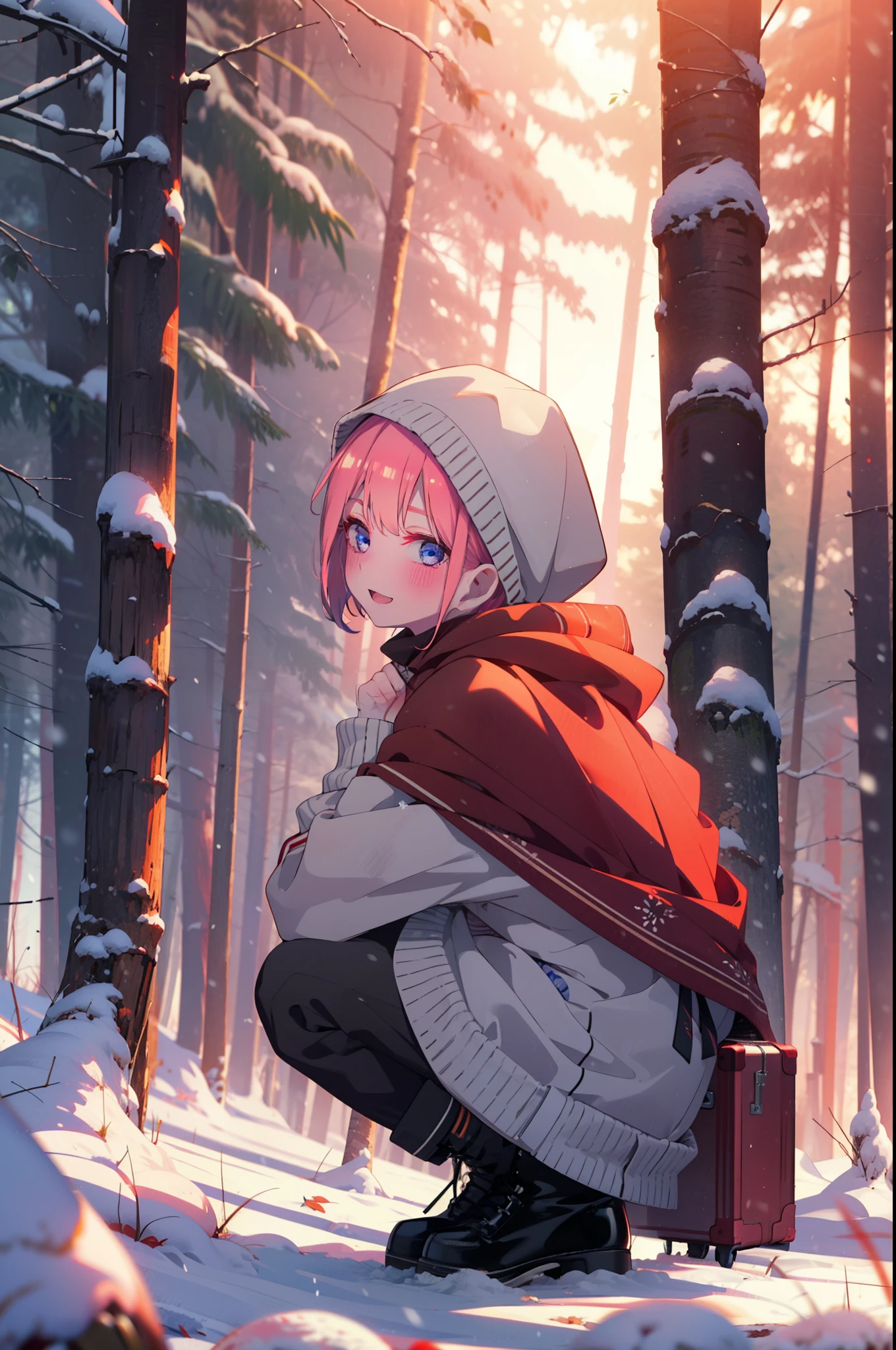 ichikanakano, ichika nakano, short hair, bangs, blue eyes, Hair between the eyes, smile,Pink Hair,smile,blush,White Breath,
Open your mouth,snow,Ground bonfire, Outdoor, boots, snowing, From the side, wood, suitcase, Cape, Blurred, Increase your meals, forest, White handbag, nature,  Squat, Mouth closed, フードed Cape, winter, Written boundary depth, Black shoes, red Cape break looking at viewer, Upper Body, whole body, break Outdoor, forest, nature, break (masterpiece:1.2), highest quality, High resolution, unity 8k wallpaper, (shape:0.8), (Beautiful and beautiful eyes:1.6), Highly detailed face, Perfect lighting, Extremely detailed CG, (Perfect hands, Perfect Anatomy),