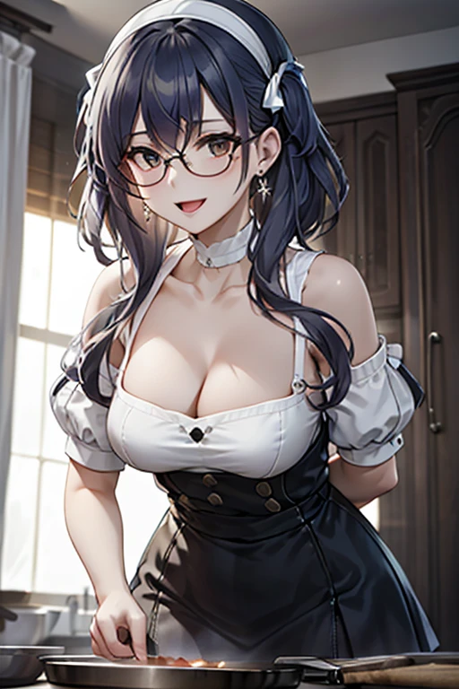 (dynamic angle:1.3, from front:1.1, breast focus:1.3, from below:1.2), (dynamic posing:1.5, sexy posing:1.3, leaning forward), (seductive smiling:1.3),masterpiece, 1girl, pointed chest:1.3,(double breasted:1.2,under bust:1.2), Amazing Cleavage:1.3, thin waist, big ass, Raised sexy, small breast: 1.2 posed cleavage:1.1, looking at viewer, open mouth, black hair, brown eyes, bare shoulders:1.2, collarbone, sidelocks, hairband, sapphire earrings, indoors, red off shoulder sweater dress, arms behind back, short hair with long locks, blue gold hairband, big side hair, very long side hair is rendered in (masterpiece: 1.2, best quality), with (ultra high resolution) and an exquisite (depth of field). This masterpiece is not only visually stunning but also tells,A scene of cooking in the kitchen