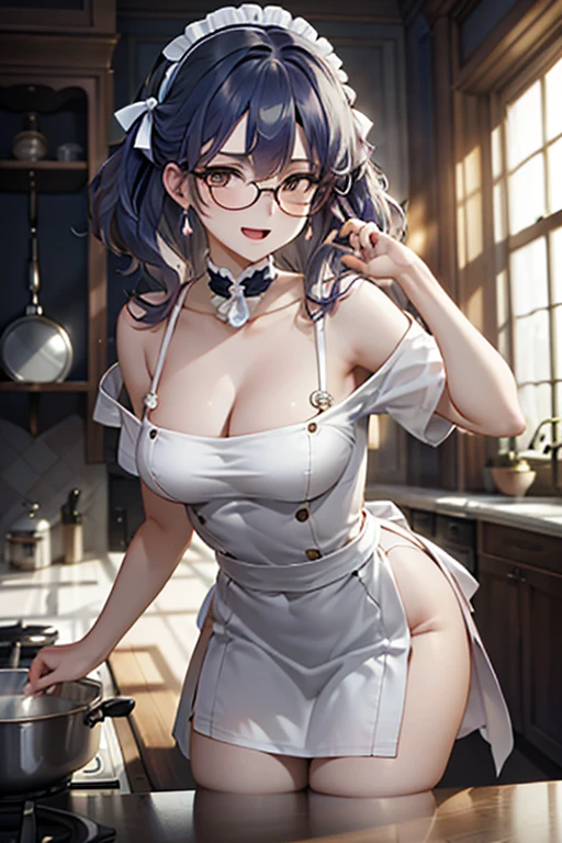 (dynamic angle:1.3, from front:1.1, breast focus:1.3, from below:1.2), (dynamic posing:1.5, sexy posing:1.3, leaning forward), (seductive smiling:1.3),masterpiece, 1girl, pointed chest:1.3,(double breasted:1.2,under bust:1.2), Amazing Cleavage:1.3, thin waist, big ass, Raised sexy, small breast: 1.2 posed cleavage:1.1, looking at viewer, open mouth, black hair, brown eyes, bare shoulders:1.2, collarbone, sidelocks, hairband, sapphire earrings, indoors, red off shoulder sweater dress, arms behind back, short hair with long locks, blue gold hairband, big side hair, very long side hair is rendered in (masterpiece: 1.2, best quality), with (ultra high resolution) and an exquisite (depth of field). This masterpiece is not only visually stunning but also tells,A scene of cooking in the kitchen