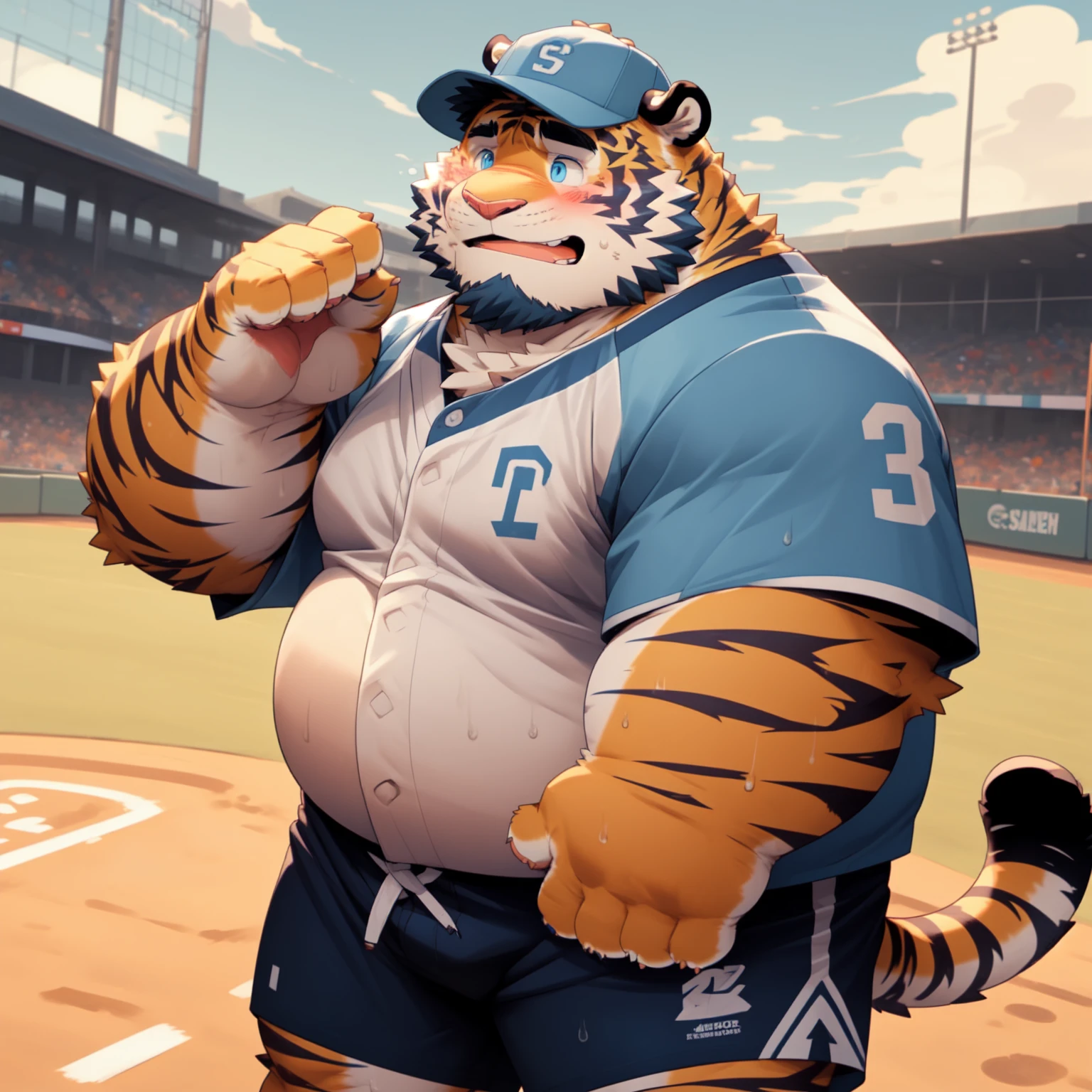 New Jersey 5 Furry,Tiger,Solitary,Chubby,Fat,Thick arms,Rugged muscles,shorts,orange Plush fur,Chubby Face,Black eyebrows,Sky blue eyes,Beard, blush，Sweating， Wearing a white baseball jersey，Baseball Field，Baseball cap