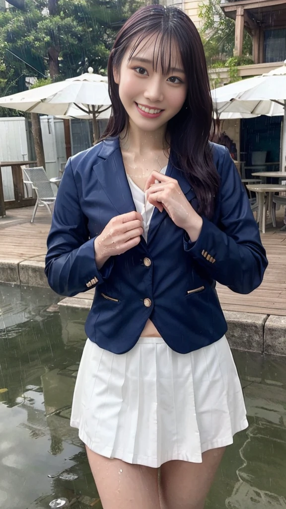 Tabletop, highest quality, shape, Very detailed, In detail, High resolution, 8k wallpaper, Perfect dynamic composition, Beautiful details, View Viewer, Natural Lip,smile, Cute Smile,、Wet navy blue blazer、Red Bow,Skirt flip、Navy Pleated Skirt,Soaking wet、See-through shirt、Wet Hair、heavy rain、downpour、standing in a puddle、Wet white panties、Calvin Klein Wet Panties,Browsing Caution、Wet Skin、heavy rainに打たれる、thunderstorm、(skirt lift:1.35)