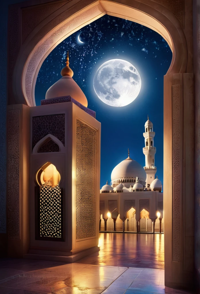 Door way, morrocan interior,islamic lantern shining bright in the dreamy night stars,with view of mosque , full moon shining bright above the moque,positive ,islamic theme,fantacy,magical,4 resolutions, HD,