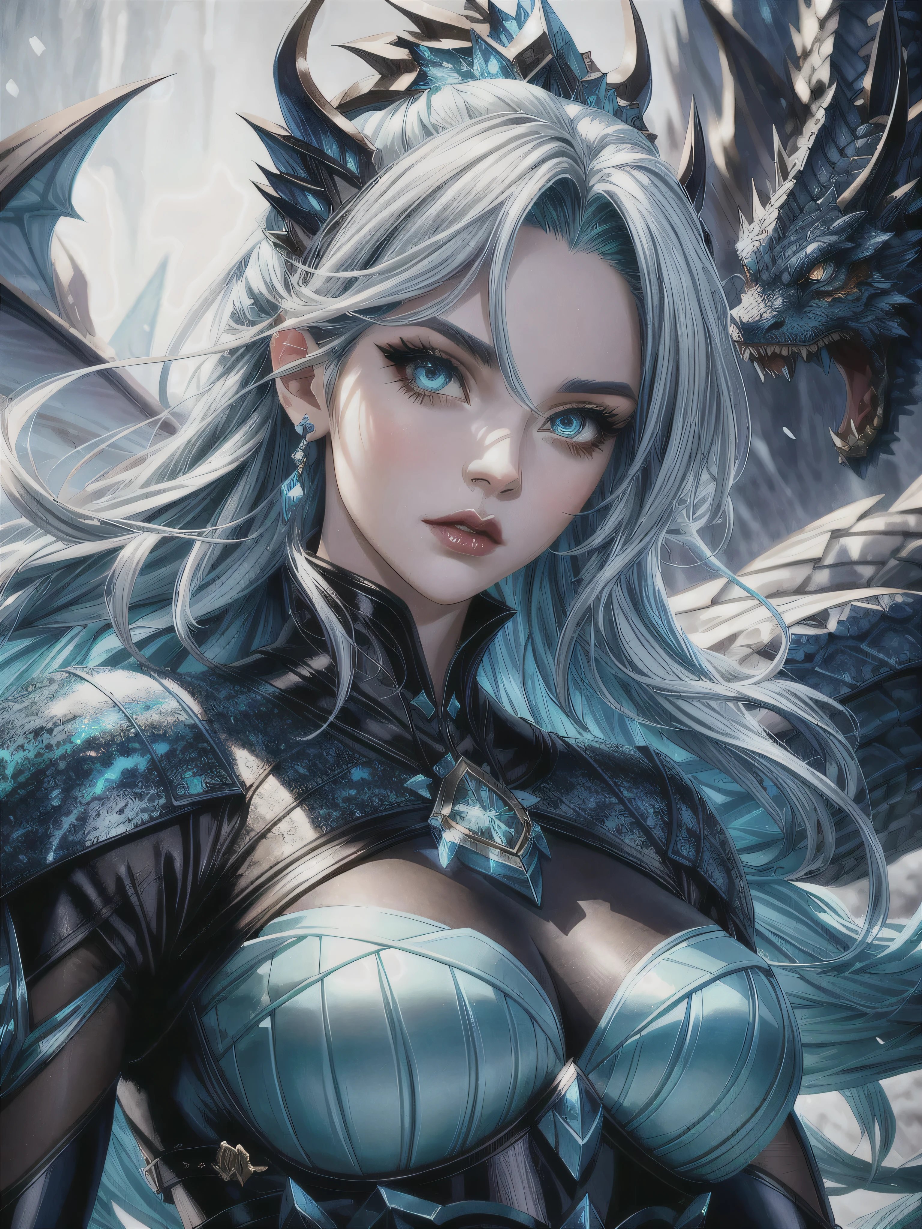 a girl with her frozen dragon elemental, detailed fantasy portrait, detailed face, beautiful eyes, beautiful lips, elegant pose, dynamic action, dragon ice powers, cold winter landscape, snow, ice crystals, fantasy art, digital art, cinematic lighting, dramatic shadows, vibrant colors, highly detailed, 8k, photorealistic