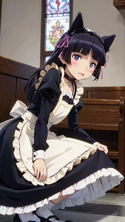 Ultra-high resolution, Attention to detail, (ruri gokou), blush, Long Hair, black hair, mole, mole under eye, 1 girl, Maid clothes, Cat ear, Black Tail, Anime Style, (apronスカート), Midi Skirt, (stockings), apron, Frills, ribbon, race, sense of cleanliness, cute, grace, service, (Demure), Cosplay, Black cat tail, collar, cuffs,Victorian, middle ages, city, church, satin, full body