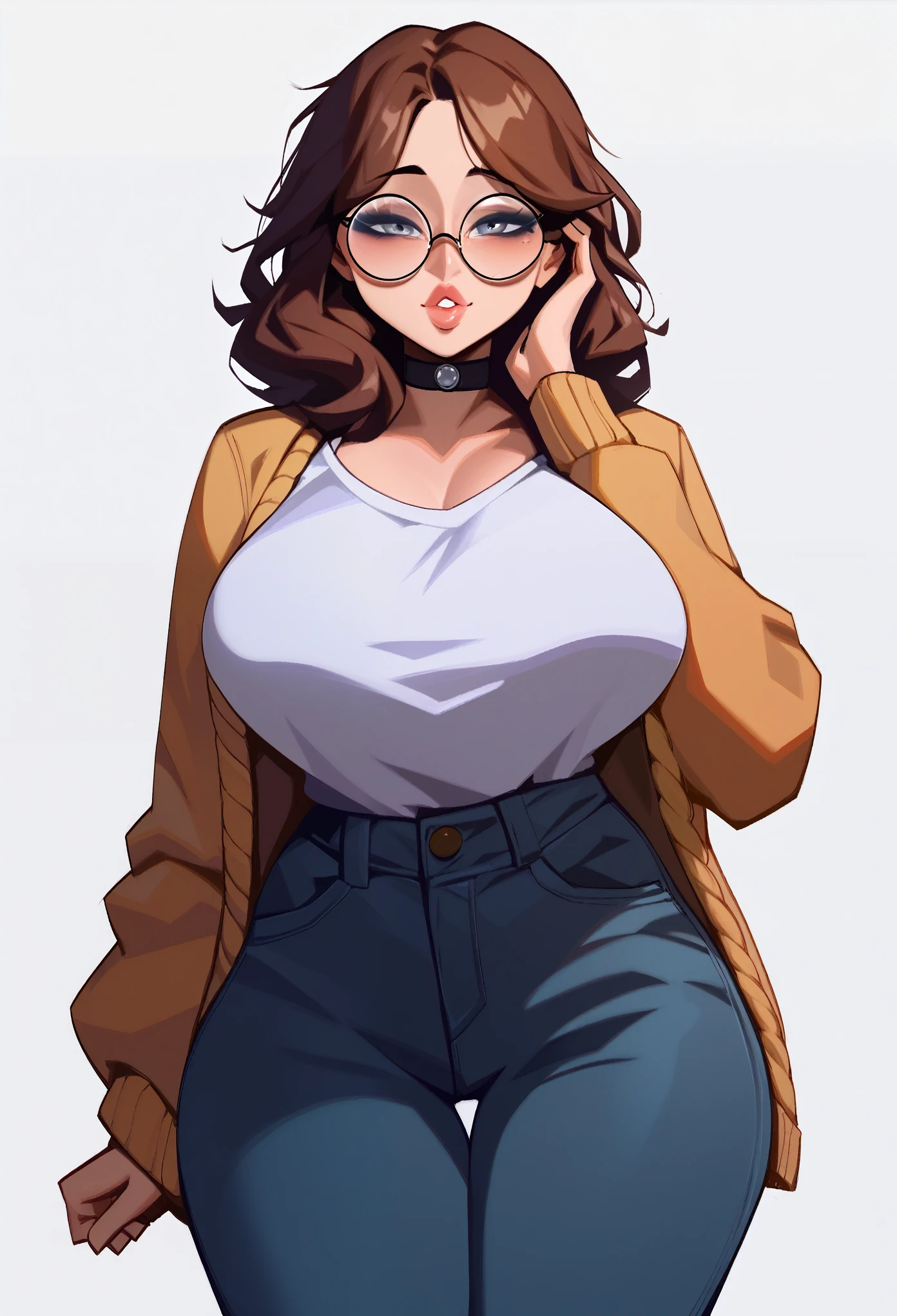 score_9, score_8_up, score_7_up, score_6_up, score_5_up, score_4_up, BREAK 1girl, brown hair, loose hair, grey eyes, thick lips, long eyelashes, half-closed eyes, black-framed eyewear, round eyewear, black choker, motherly, MILF, mature, adult, black eyeliner, looking at viewer, BREAK solo, standing, large breasts, adult, skinny, highleg, arched back, thigh gap, cardigan, black jeans, BREAK simple background, dynamic angle, angled shot,
