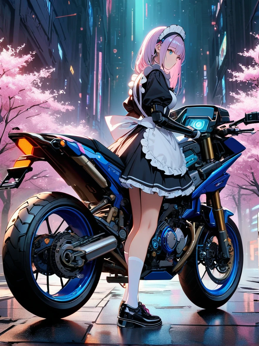 ((Vision)),((whole body)),1 girl,(Wearing a cute maid costume:1.6),Cyberpunk beauty holding an electric rifle,Standing under a cherry tree filled with pink blossoms,(White socks,Mechanical ceramic black leather shoes:1.5),background,Empty mountain motorcycle style,in the style of futuristic,High Detail