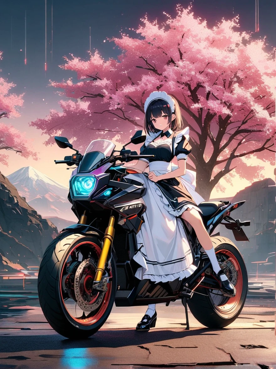 ((Vision)),((whole body)),1 girl,(Wearing a cute maid costume:1.6),Cyberpunk beauty holding an electric rifle,Standing under a cherry tree filled with pink blossoms,(White socks,Mechanical ceramic black leather shoes:1.5),background,Empty mountain motorcycle style,in the style of futuristic,High Detail