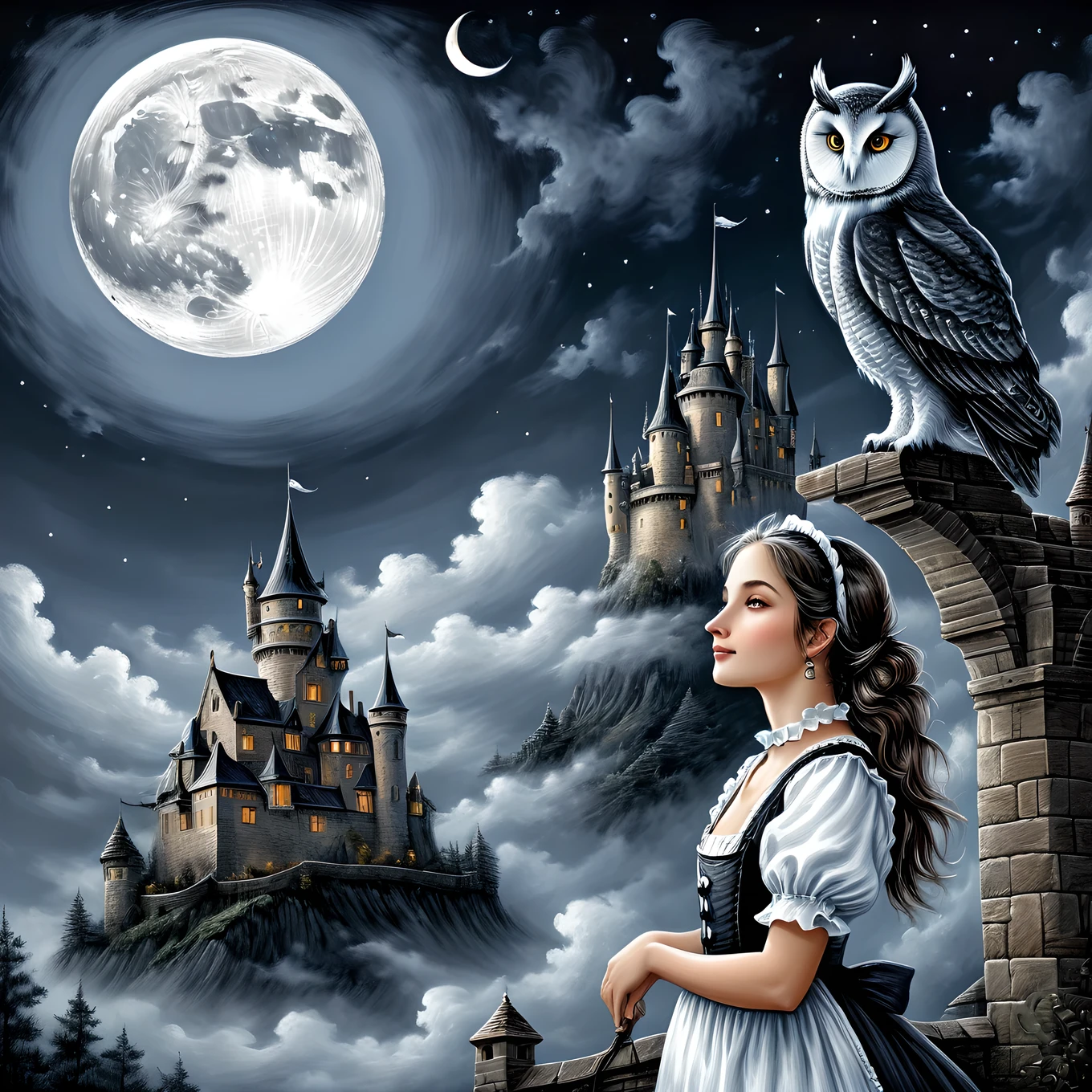 Illustration of a maid with an elaborate and loyal aura, Scratchboard illustration, profile, crisp contrasts, gentle touch, accurate detail, precision, fluffy clouds and crescent moon, high-quality oil painting, stunning beautiful touch rendering, artistic clouds and moon, fantasy, fog hanging around an old castle , Flying owls