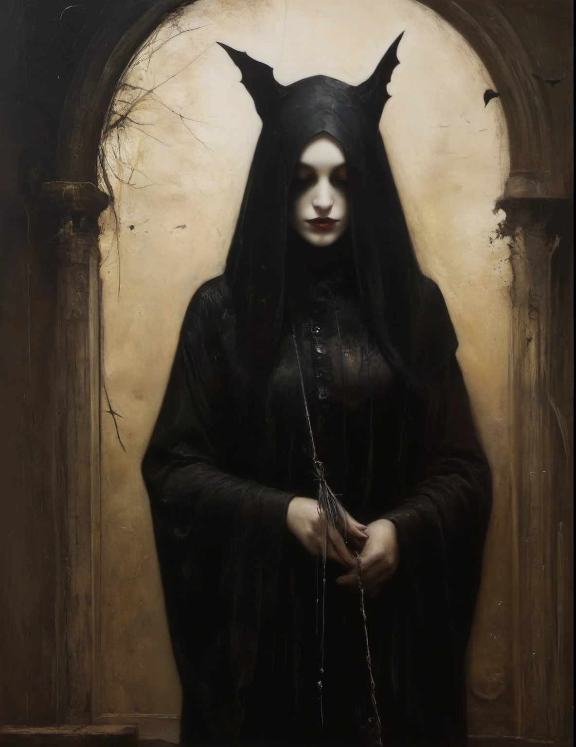 James Gurney, Surrealist art , dream-like, Mysterious, Provocative, symbolic, Complex, detailed,, (Gothic but very beautiful:1.4), (masterpiece, highest quality:1.4) , Nicola Samori Style, bat