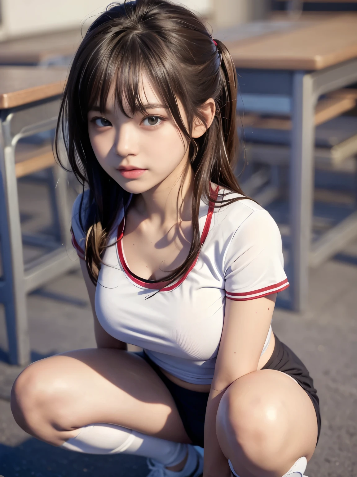 ultra highres,(reality: 1.4),highest quality, masterpiece, high detail, 16K quality, beautiful, 1 beautiful girl,japanese,super beautiful face,,japanese idol face,cute face,super detailed face,detailed hand,beautiful skin,sweaty skin,big eyes,big smile,profeccional lighting,medium hair, black hair,brown beautiful eyes, gym uniform,school gym buruma,(red buruma), white shirt, short sleeves, squatting,spread legs,medium breasts,high socks,she is looking at the camera,classroom,nsfw,back shot,