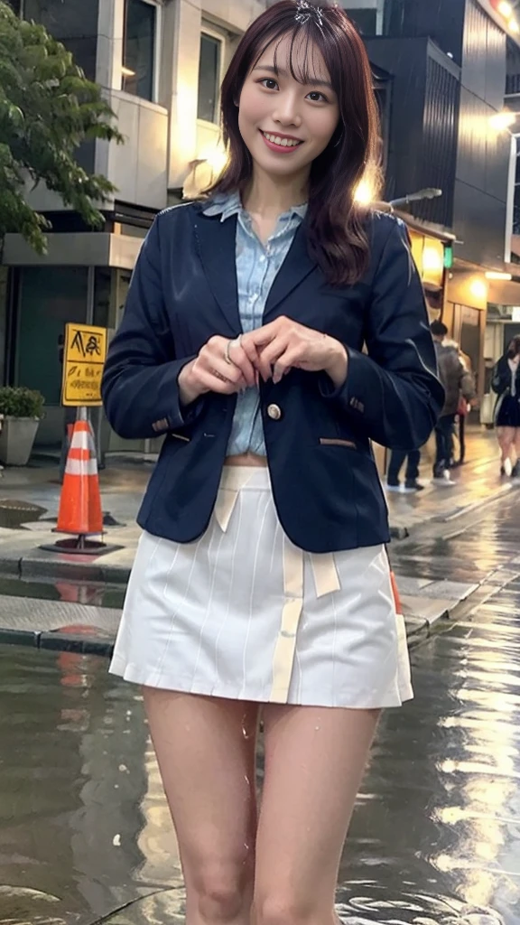 Tabletop, highest quality, shape, Very detailed, In detail, High resolution, 8k wallpaper, Perfect dynamic composition, Beautiful details, View Viewer, Natural Lip,smile, Cute Smile,、Wet navy blue blazer、Red Bow,Skirt flip、Navy Pleated Skirt,Soaking wet、See-through shirt、Wet Hair、heavy rain、downpour、standing in a puddle、Wet white panties、Calvin Klein Wet Panties,Browsing Caution、Wet Skin、heavy rainに打たれる、thunderstorm、(skirt lift:1.65)