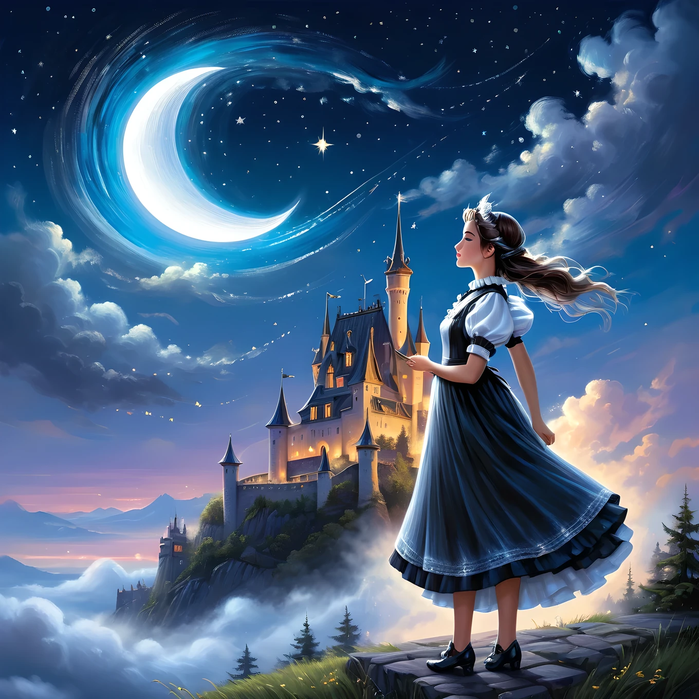 Illustration of maid with elaborate aura of loyalty, profile, crisp contrasts, gentle touch, accurate detail, precision, fluffy clouds and crescent moon, single shooting star, neon-lit shooting star trails, high-quality oil painting, stunningly beautiful touch rendering, artistic Clouds and moon, Fantasy, Fog around old castle, Flying owl