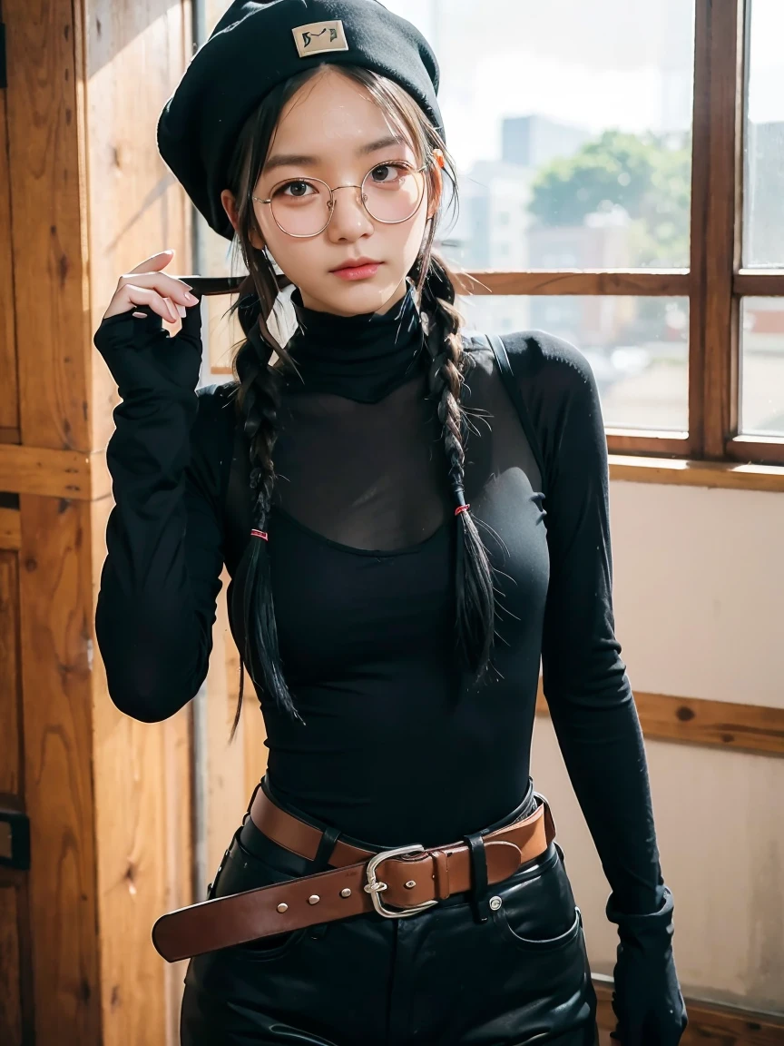 masterpiece, high quality cg, anime, illustration, best quality, 1girl, bound, bondage, beautiful face, detailed face, cowboy shot, dokkaebi, 1girl, solo, looking at viewer,  black hair, braid, glasses, black gloves, belt, pants, black eyes, twin braids, streaked hair, black headwear, bodysuit, black pants, round eyewear, black bodysuit, beanie, hair behind ear, 