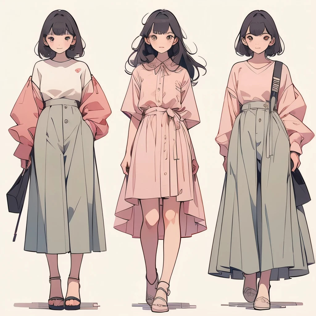 ((highest quality)), ((masterpiece)), (detailed), Perfect Face,Ala-fed illustration of a group of women in various outfits, Illustration Style, Wearing long, loose clothing, Casual clothingスタイル, Cute art style, drawing style, Casual clothing, Simple clothes, Fashion Research, 多Mr.な衣装, Pink clothes, Full body illustration, wearing elegant Casual clothing, Mr.々A pose, Trending on artstration, Normal clothes, Dressed in fluent clothes, Dressed in fluent clothes20代の女性,White background