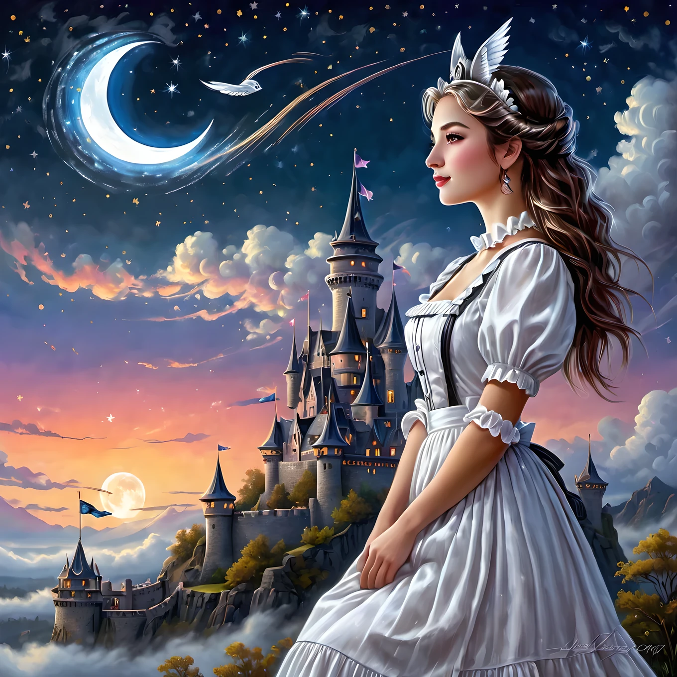 Illustration of maid with elaborate aura of loyalty, profile, crisp contrasts, gentle touch, accurate detail, precision, fluffy clouds and crescent moon, single shooting star, neon-lit shooting star trails, high-quality oil painting, stunningly beautiful touch rendering, artistic Clouds and moon, Fantasy, Fog around old castle, Flying owl