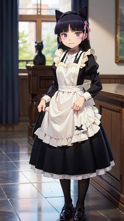 Ultra-high resolution, Attention to detail, (ruri gokou), blush, Long Hair, black hair, mole, mole under eye, 1 girl, Maid clothes, Cat ear, Black Tail, Anime Style, (apronスカート), Midi Skirt, (stockings), apron, Frills, ribbon, race, sense of cleanliness, cute, grace, service, (Demure), Cosplay, Black cat tail, collar, cuffs,Victorian, middle ages, city, church, satin, full body