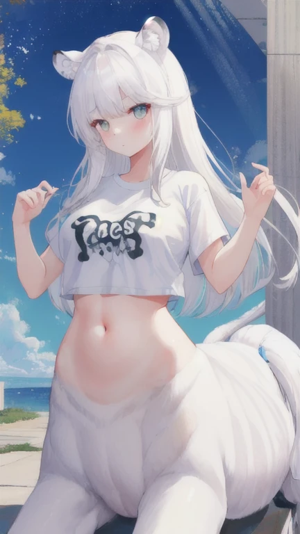 (best quality, masterpiece), 1 girl, centaur, It takes, belly button t-shirt, 아름다운 소녀 perfect white tiger photo, perfect white tiger photo