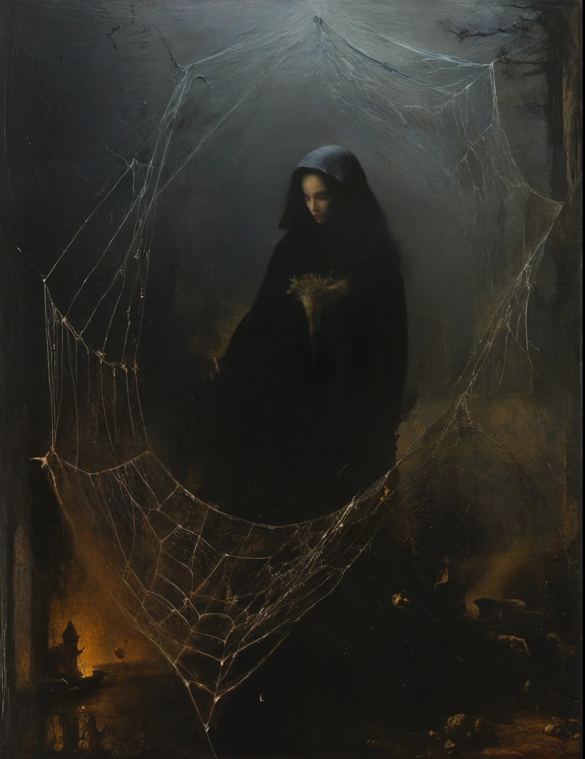 James Gurney, Surrealist art , dream-like, Mysterious, Provocative, symbolic, Complex, detailed,, (Gothic but very beautiful:1.4), (masterpiece, highest quality:1.4) , Nicola Samori Style, spiderwebs