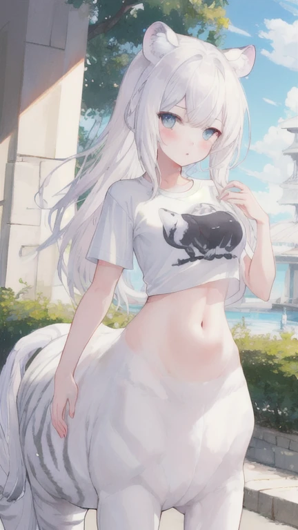 (best quality, masterpiece), 1 girl, centaur, It takes, belly button t-shirt, 아름다운 소녀 perfect white tiger photo, perfect white tiger photo