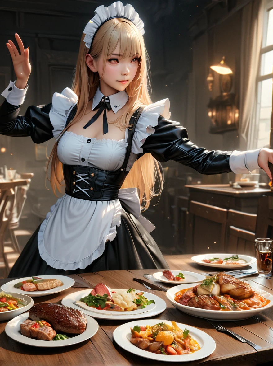 (masterpiece，Best quality), (Absurdity:1.3), (Photo Realism:1.4), RAW photos of beautiful European girls, (Ultra Detail, Ultra-realistic, 8k, Ultra-high resolution), (Dynamic poses:1.2), blond, Long hair, (High Detail Skin, Detailed skin texture:1.1), BREAK 1girl, Young Girls, Detail eyes, Detail face, (Cute maid costume:1.6), (Black stockings:1.3)，(Wearing black leather shoes:1.5)，Ruffles, Room, dining table, tablecloth, (dinner is served:1.2), Shot by a professional photographer，Bokeh，Sharp focus，Depth of Field，Standing，Smile，whole body，Vision