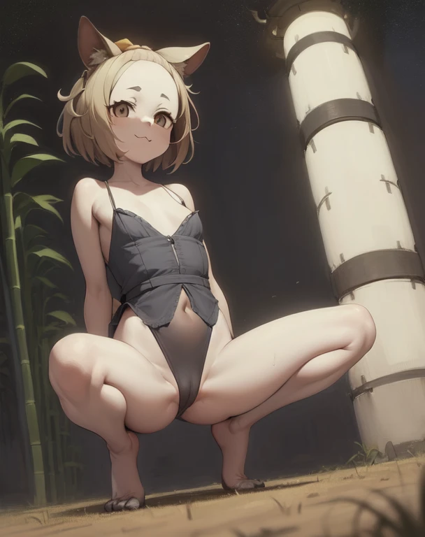 1 chica, by the chestnut, Brown eyes, bangs pulled back, pechos grandes, caderas y piernas hermosas y contorneadas, de espalda, squatting, orejas de animales, cola de animal, completamente desnuda, nada de ropa, solo piel, :3, presumido, al aire libre, cielo nocturno, luna, bamboo,
 