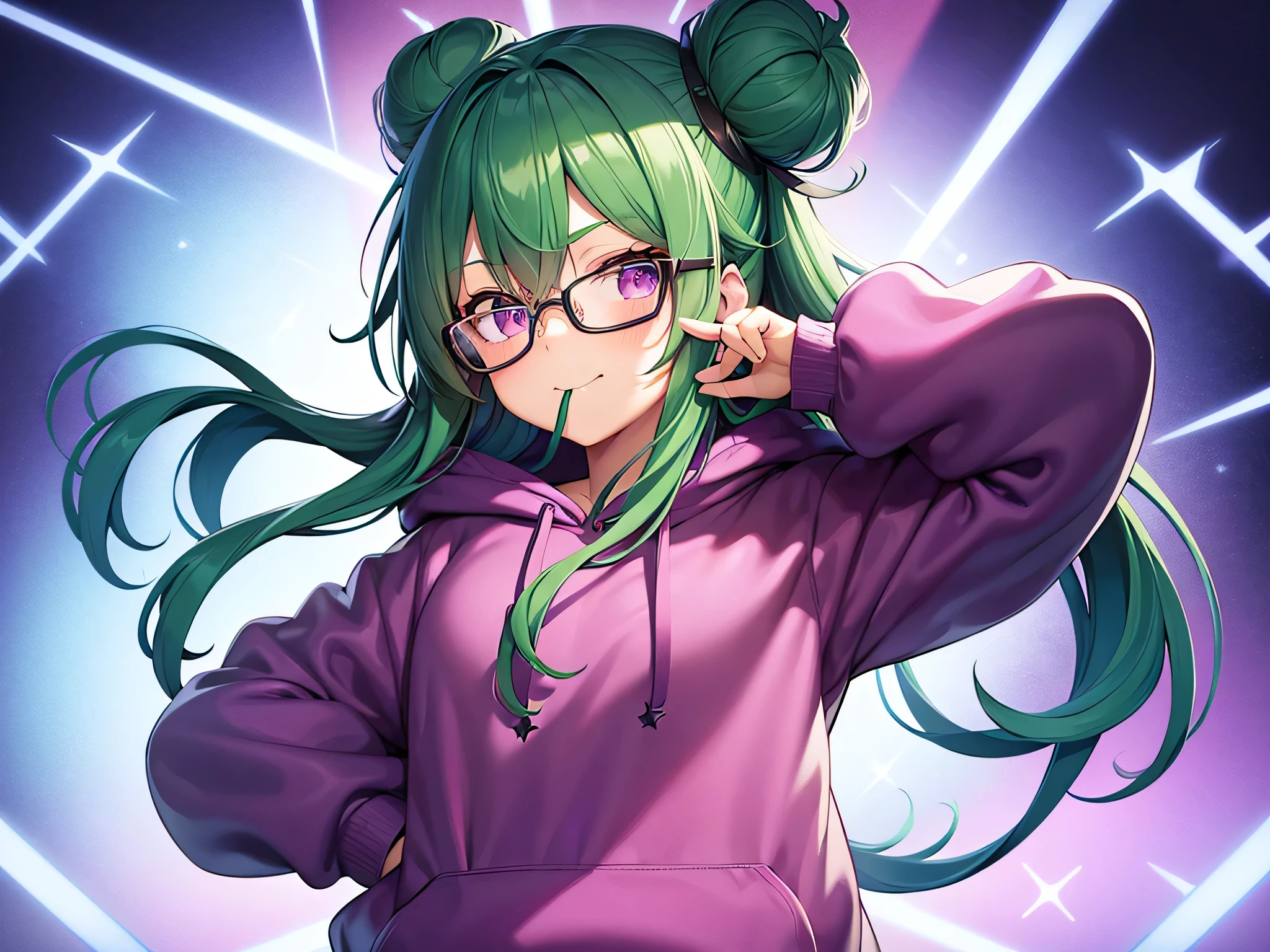 1girl, solo, green hair, blue eyes, glasses, long hair, hood, hoodie, hair bun, simple background, mouth hold, purple hoodie, blunt bangs, black-framed eyewear, hair tie, pink background, looking at viewer, hand up, hair tie in mouth, hood down, upper body, single hair bun, drawstring, animal print, purple background, one side up, single side bun, symbol-shaped pupils, pink hoodie, portrait, star \(symbol\), closed mouth, print hoodie, virtual youtuber, smile, +_+, bright pupils, star-shaped pupils, rabbit print, tying hair, adjusting hair, bespectacled, white pupils, rectangular eyewear