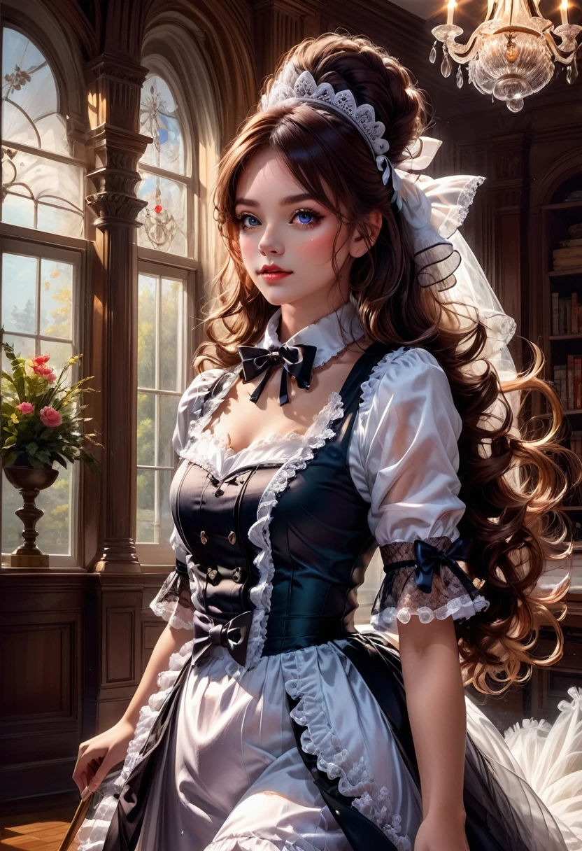 Maid Outfit, a beautiful maid with long flowing hair, detailed eyes, detailed lips, extremely detailed face, long eyelashes, intricate maid uniform with lace and ribbons, holding a feather duster, standing in a luxurious victorian-style room, window light, dramatic lighting, cinematic composition, highly detailed, photorealistic, 8k, masterpiece