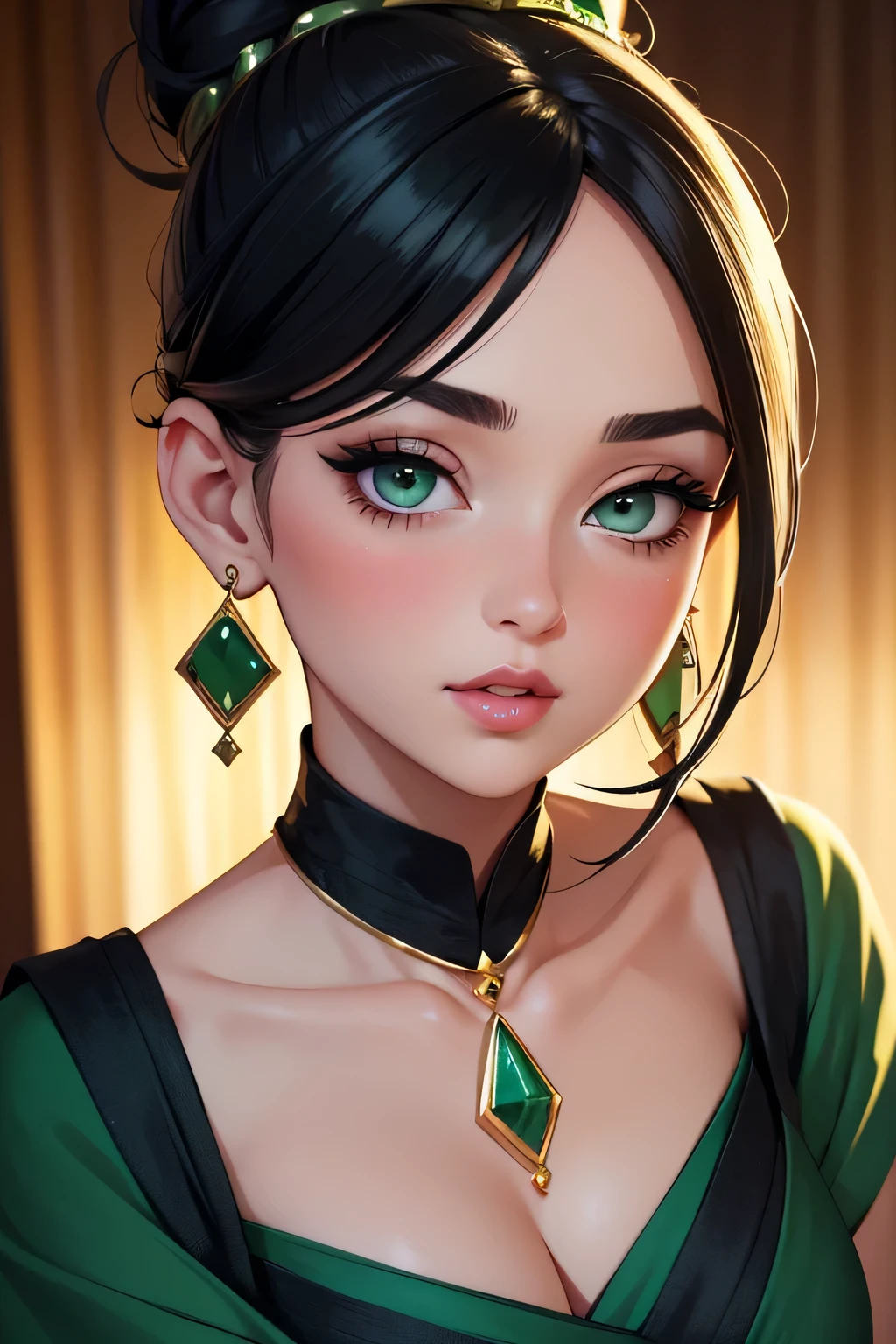 Amazing portrait of a sexy woman with a beautiful face emphasized with some amazing makeup having detailed grey eyes and eyebrows with long eyelashes and her black hair in a messy bun and fair skin emphasized by some emerald jewellery as she's blushing intensely with her glossy lips parted wearing a dark green blouse paired with a dark green saree with some gold patterns and some elegant earrings