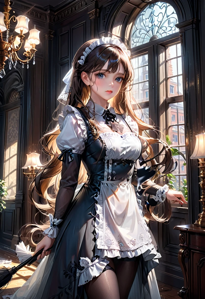 Maid Outfit, a beautiful maid with long flowing hair, detailed eyes, detailed lips, extremely detailed face, long eyelashes, intricate maid uniform with lace and ribbons, holding a feather duster, standing in a luxurious victorian-style room, window light, dramatic lighting, cinematic composition, highly detailed, photorealistic, 8k, masterpiece