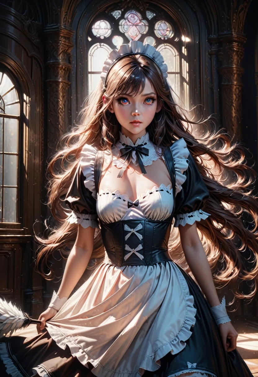 Maid Outfit, a beautiful maid with long flowing hair, detailed eyes, detailed lips, extremely detailed face, long eyelashes, intricate maid uniform with lace and ribbons, holding a feather duster, standing in a luxurious victorian-style room, window light, dramatic lighting, cinematic composition, highly detailed, photorealistic, 8k, masterpiece