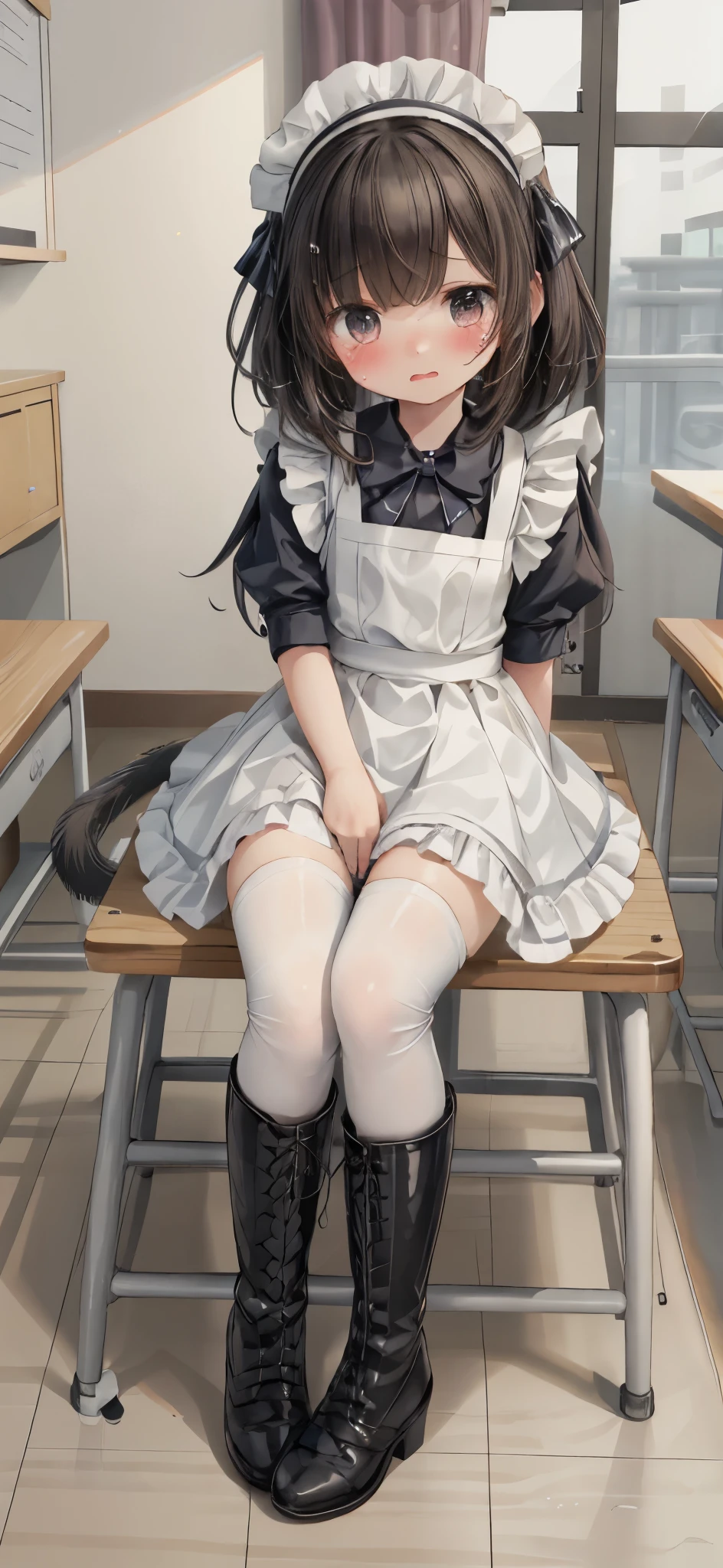 深色短发girl，Shy，blush，Maid costume，Black boots，classroom场景，For the audience，，White pantyhose，blush害羞，classroom scene，girl，，((absurd)), ((on the table)), (best quality), (lens flare), (Super detailed), (Fair), ((cute girl)), solitary, Fair face, White skin, on the table, (10 years old: 1.3), , 、A girl goes to the toilet、 eternal, cry, Close your eyes, Tears flow from the eyes, The embarrassment comes from, blush), (girl is peeing: 1.2),, look away, sit, Awkward, blush, Mouth slightly open, classroom (girl leaking urine): 1.5),Cat girl，Cat，Tail