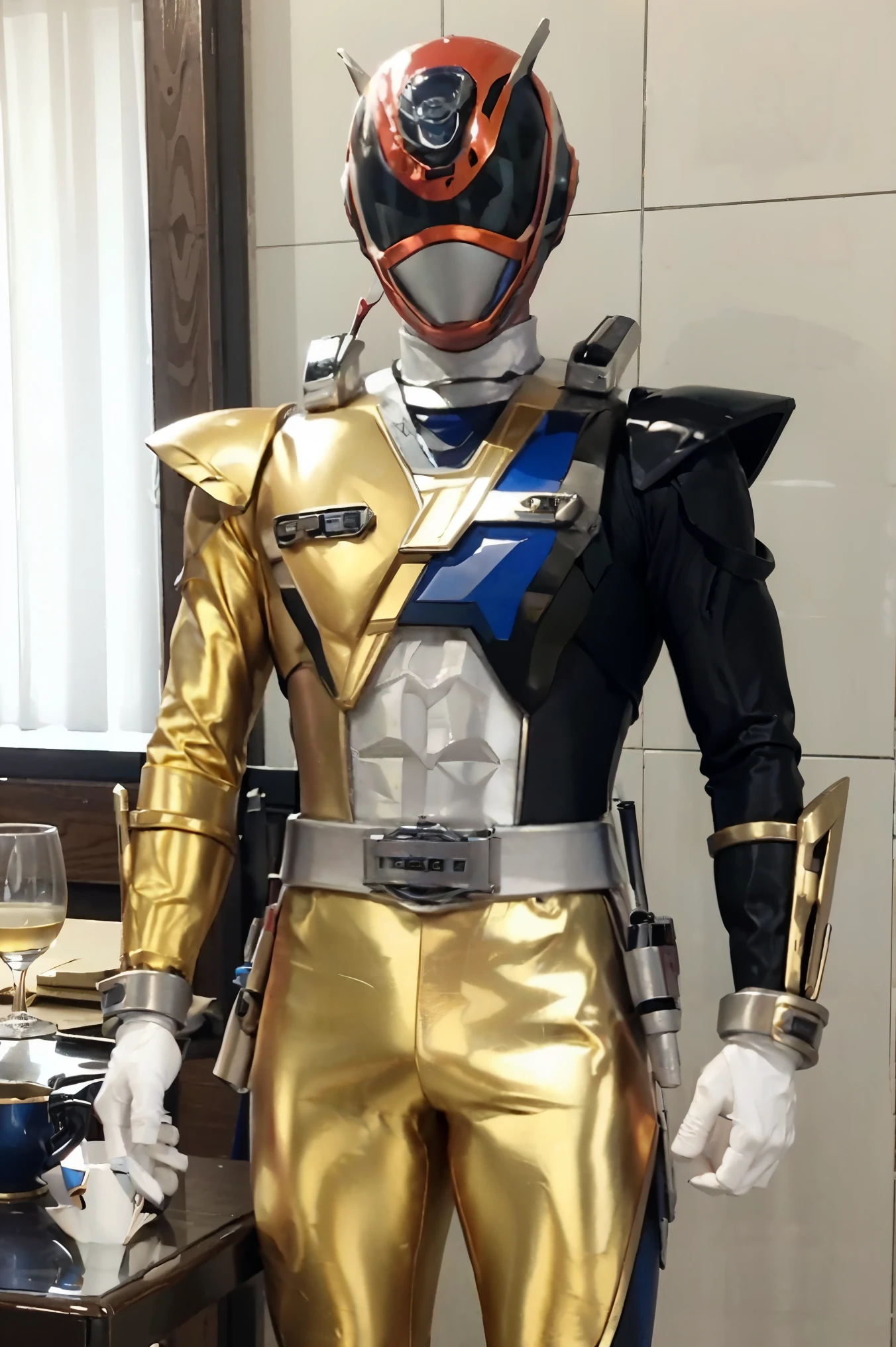 Fantasy background, cafe rpg style, empty chair, table, set of tea glass, (power rangers)), One guy、, white ranger, red and blue chest armor with gold details,   costume, Solo, ((fit figure)), (Anatomically correct), Cowboy shot, masked face, guns, muscular build