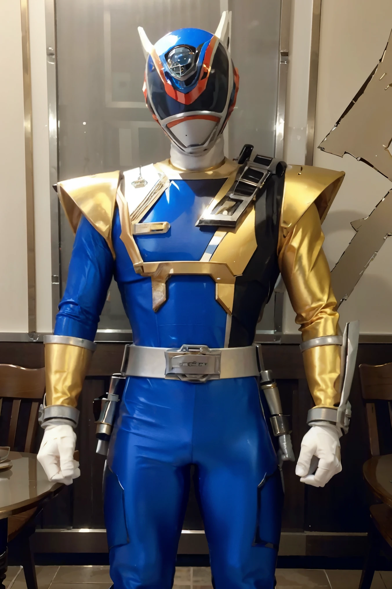 Fantasy background, cafe rpg style, empty chair, table, set of tea glass, (power rangers)), One guy、, white ranger, red and blue chest armor with gold details,   costume, Solo, ((fit figure)), (Anatomically correct), Cowboy shot, masked face, guns, muscular build