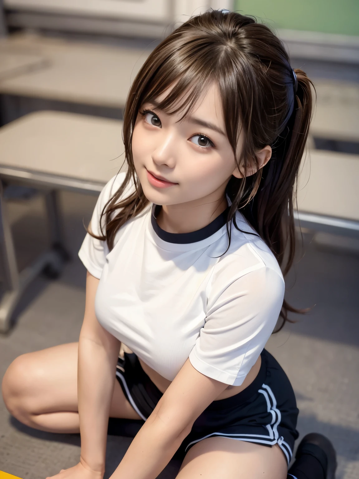 ultra highres,(reality: 1.4),highest quality, masterpiece, high detail, 16K quality, beautiful, 1 beautiful girl,japanese,super beautiful face,baby face,japanese idol face,cute face,super detailed face,detailed hand,beautiful skin,sweaty skin,big eyes,big smile,profeccional lighting,medium hair, black hair,brown beautiful eyes, gym uniform,school gym buruma,(red buruma), white shirt, short sleeves, standisng,spread legs,medium breasts,high socks,she is looking at the camera,classroom,nsfw,back shot,