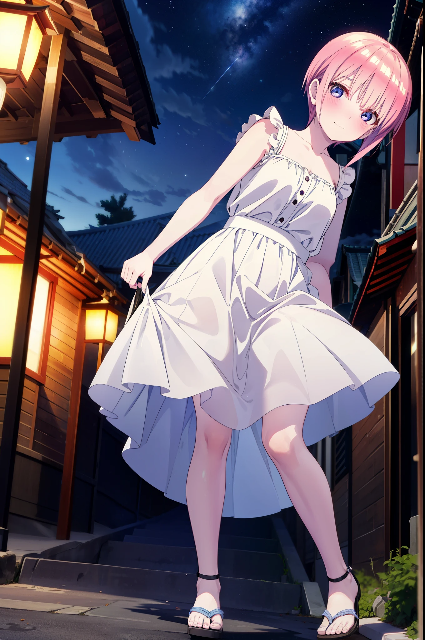 ichikanakano, ichika nakano, short hair, bangs, blue eyes, Hair between the eyes, Pink Hair,smile,Sleeveless white dress,Bare arms,White long skirt,Cute heeled sandals,whole bodyがイラストに入るように,Looking down from above,walk,moonlight,night,ロマンチックなnight景,Starry Sky,shooting star,Looking up from below,stone stageに座っている,
break outdoors, shrine,stone stage,Building district,
break looking at viewer, whole body,
break (masterpiece:1.2), highest quality, High resolution, unity 8k wallpaper, (shape:0.8), (Beautiful details:1.6), Highly detailed face, Perfect lighting, Highly detailed CG, (Perfect hands, Perfect Anatomy),
