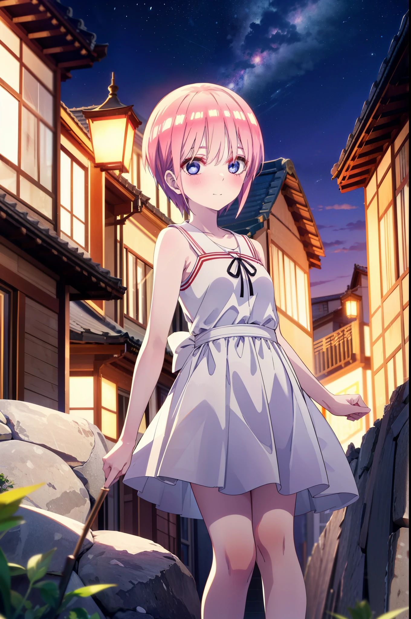 ichikanakano, ichika nakano, short hair, bangs, blue eyes, Hair between the eyes, Pink Hair,smile,Sleeveless white dress,Bare arms,White long skirt,Cute heeled sandals,whole bodyがイラストに入るように,Looking down from above,walk,moonlight,night,ロマンチックなnight景,Starry Sky,shooting star,Looking up from below,stone stageに座っている,
break outdoors, shrine,stone stage,Building district,
break looking at viewer, whole body,
break (masterpiece:1.2), highest quality, High resolution, unity 8k wallpaper, (shape:0.8), (Beautiful details:1.6), Highly detailed face, Perfect lighting, Highly detailed CG, (Perfect hands, Perfect Anatomy),
