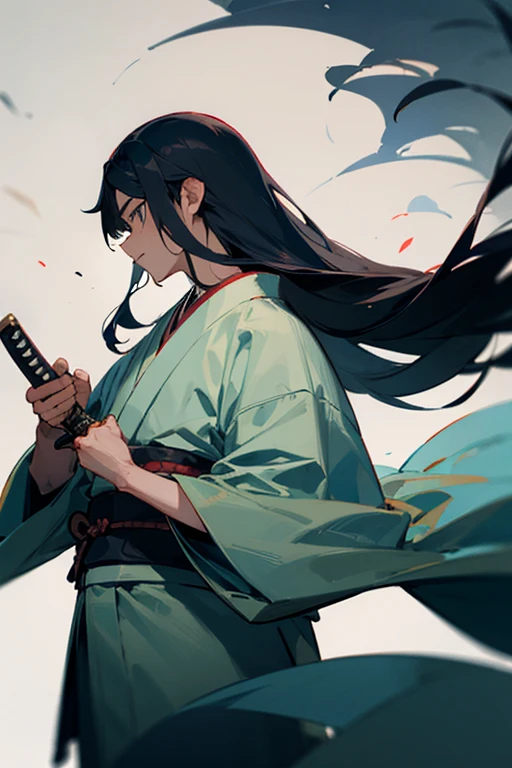 male。samurai。Dark green long hair。Gray kimono。Japanese sword。