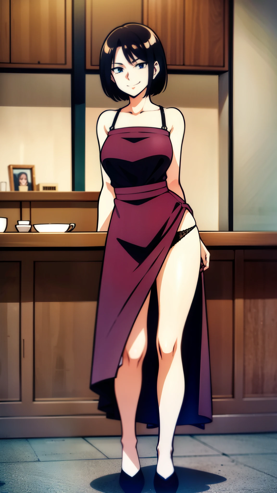Mature female, pubic hair, lowleg panties, standing, dress, in the cafe, smirk