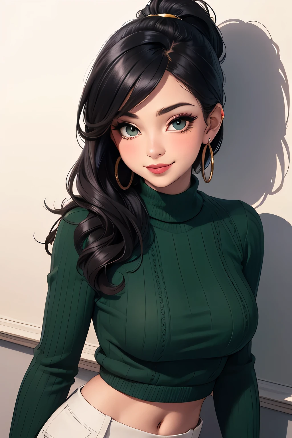 Amazing portrait of a sexy woman with a beautiful face and beautifully detailed eyes and beautifully detailed lips all emphasized by some sexy makeup wearing a dark green sweater and cream cargo pants paired with some earrings with her long black hair in a cute ponytail with her soft lips parted in a smile as she's blushing intensely with a seductive gaze having a medium chest and a perfect body