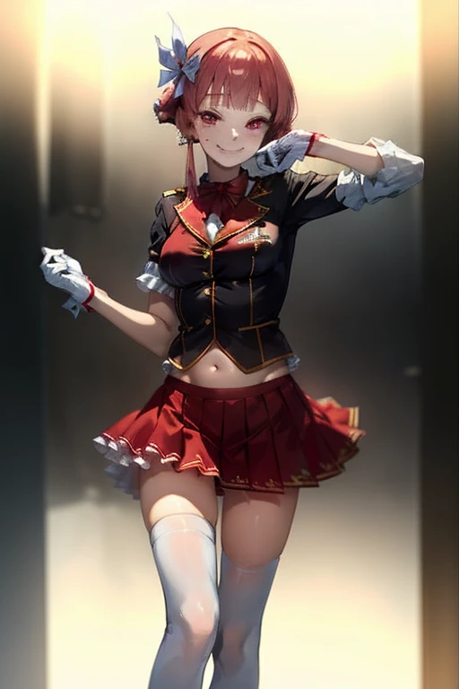 2D, masterpiece, highest quality, anime, Very detailed, whole body, 1 girl, alone, Marine_Idol, hololive Idol uniform, White ribbon, White gloves, Red ribbon, Red bow tie, Layered skirt, Navel clipping, Mismatched legwear, Red Stockings, Black Stockings, Heterochromia iridis, Red eyes, Yellow Eyes, Break Stage, Red light, Dynamic pose, smile 