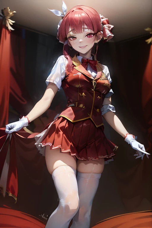 2D, masterpiece, highest quality, anime, Very detailed, whole body, 1 girl, alone, Marine_Idol, hololive Idol uniform, White ribbon, White gloves, Red ribbon, Red bow tie, Layered skirt, Navel clipping, Mismatched legwear, Red Stockings, Black Stockings, Heterochromia iridis, Red eyes, Yellow Eyes, Break Stage, Red light, Dynamic pose, smile 