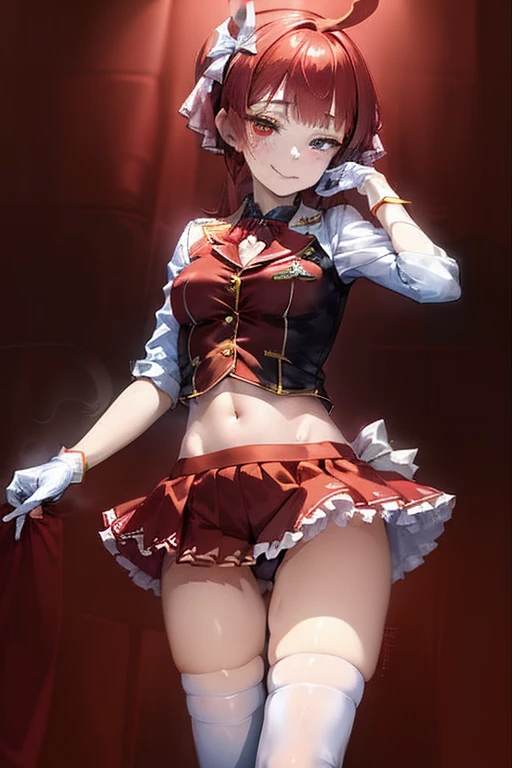 2D, masterpiece, highest quality, anime, Very detailed, whole body, 1 girl, alone, Marine_Idol, hololive Idol uniform, White ribbon, White gloves, Red ribbon, Red bow tie, Layered skirt, Navel clipping, Mismatched legwear, Red Stockings, Black Stockings, Heterochromia iridis, Red eyes, Yellow Eyes, Break Stage, Red light, Dynamic pose, smile 