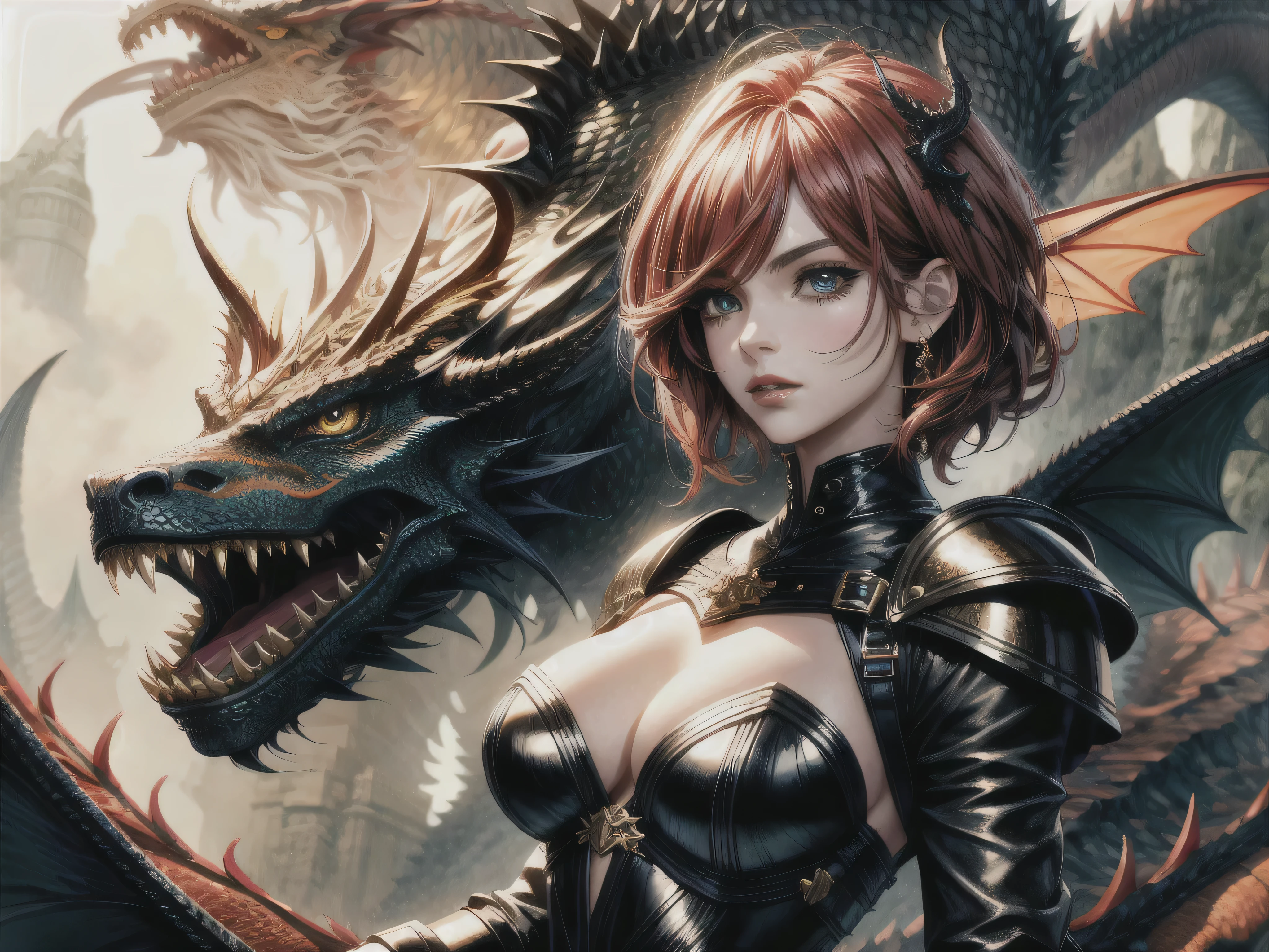 ride, riding pose, full body, detailed fantasy portrait of a girl tamer, beautiful detailed eyes, beautiful detailed lips, extremely detailed face, long eyelashes, girl tamer wearing leather armor, holding the reins of a large dragon with fiery elemental volcano dragon design, dramatic moody lighting, cinematic composition, highly detailed, photorealistic, 8k, masterpiece, digital painting, intricate detail, vibrance color, saturated color, bob hair, riding dragon,((upper_body:1.2))