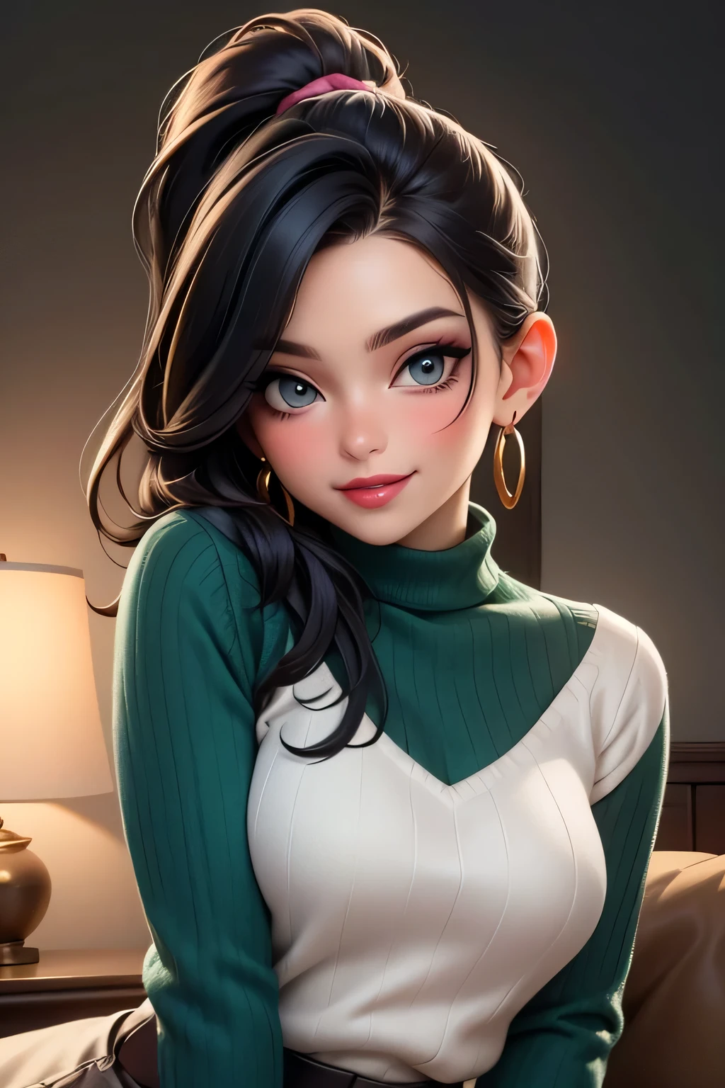 Amazing portrait of a sexy woman with a beautiful face and beautifully detailed eyes and beautifully detailed lips all emphasized by some sexy makeup wearing a dark green sweater and cream cargo pants paired with some earrings with her long black hair in a cute ponytail with her soft lips parted in a smile as she's blushing intensely with a seductive gaze having a medium chest and a perfect body