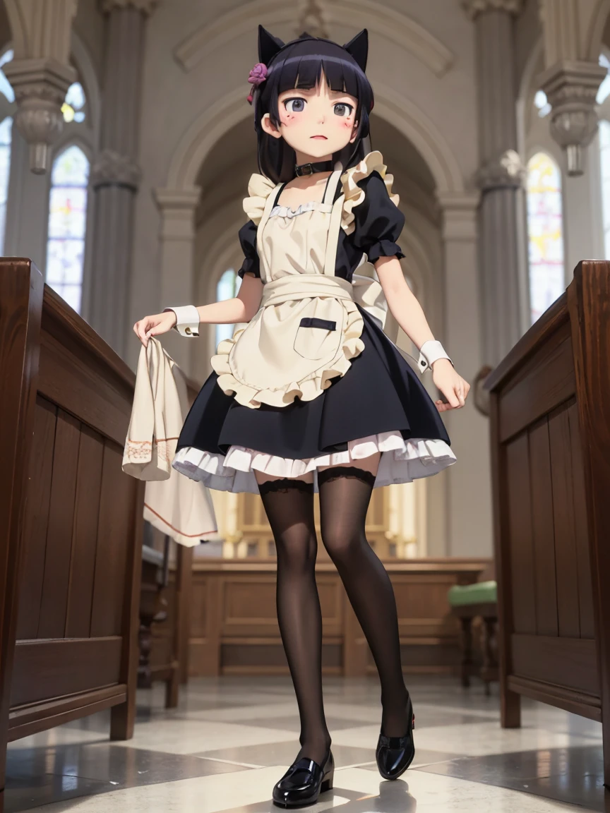 Ultra-high resolution, Attention to detail, (ruri gokou), blush, Long Hair, black hair, mole, mole under eye, 1 girl, Maid clothes, Cat ear, Black Tail, Anime Style, (apronスカート), Midi Skirt, (stockings), apron, Frills, ribbon, race, sense of cleanliness, cute, grace, service, (Demure), Cosplay, Black cat tail, collar, cuffs,Victorian, middle ages, city, church, satin, full body