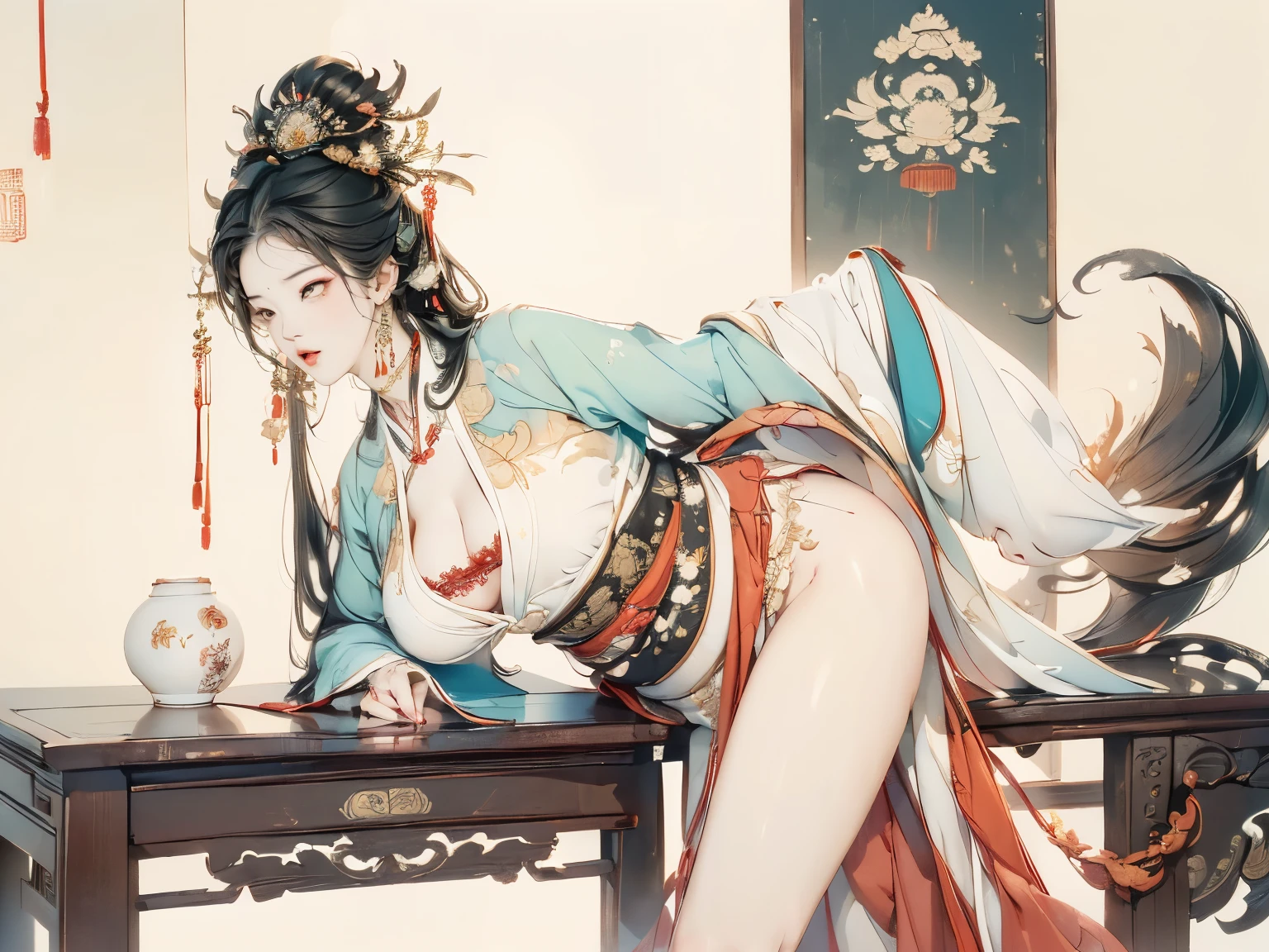 ((high-definition Chinese traditional ink image, hanfu)), eyes realistic sizing, drooping eyes, smiling, ((spread legs, standing and straddling to hit her crotch on a corner of the table for masturbation)), ((pubic hair, large areolas, orgasm, intense mating)), old fashion, open mouth, old temple,