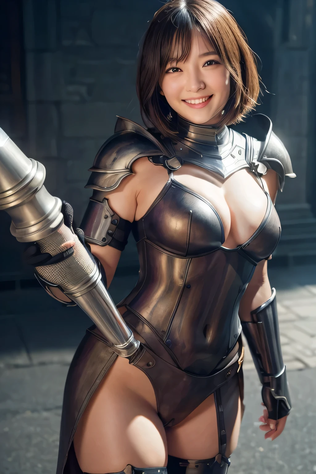 highest quality, masterpiece, Ultra-high resolution, (Reality: 1.4), Original photo, 1 woman, mature, thin smile, short hair, plump body, , Cinema Lighting, from below,Medieval warrior、iron armor、Armor with an open chest、open legs, (big dildo in pussy:1.3), love juice, joy smile, Ecstatic face、Climax expression、Deep joy、Ecstatic eyes:1.2, focus crotch:1.4