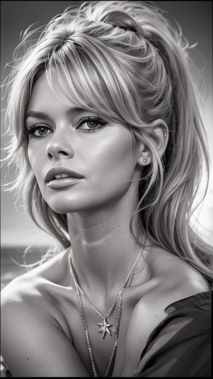 ((black and white photo of Brigitte Bardot in 1955)), Detailed full body view of a bbardot woman, MBB, with wavy messy blond ponytail with bangs, detailed face, Beautiful, Perfect Eyes, (highly detailed skin:1.1), perfect body, Professional Photography, Soft Lighting, Photorealistic, Realistic, ((laying at the beach)), RAW, analog style, sharp focus, 8k, high res, DSLR, high quality, Fujifilm XT3, film grain, award winning, stunning