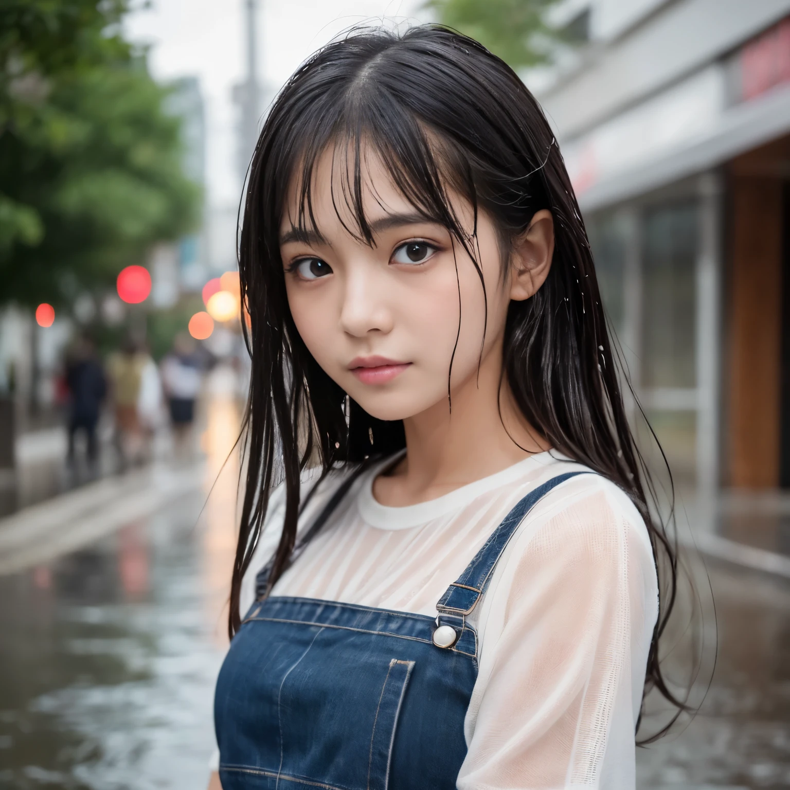 (Best-quality, Masterpiece, Ultra-High-Resolution, (Photorealistic:1.4), Raw Photo, depth of field, professional lighting, perfect anatomy, extremely details), 1girl, 15-years-old, the most famous Japanese idol, portrait, at street in heavy-rain, standing in heavy rain, (((wearing wet white-blouse from heavy-rain, extremely wet hair from heavy-rain))), (extremely cute face like the most popular Japanese idol, (extremely cute and extremely big eyes), extremely beautiful realistic-skins), extremely cute long-eyelashes, extremely cute lips, looking at viewer, innocent smile
